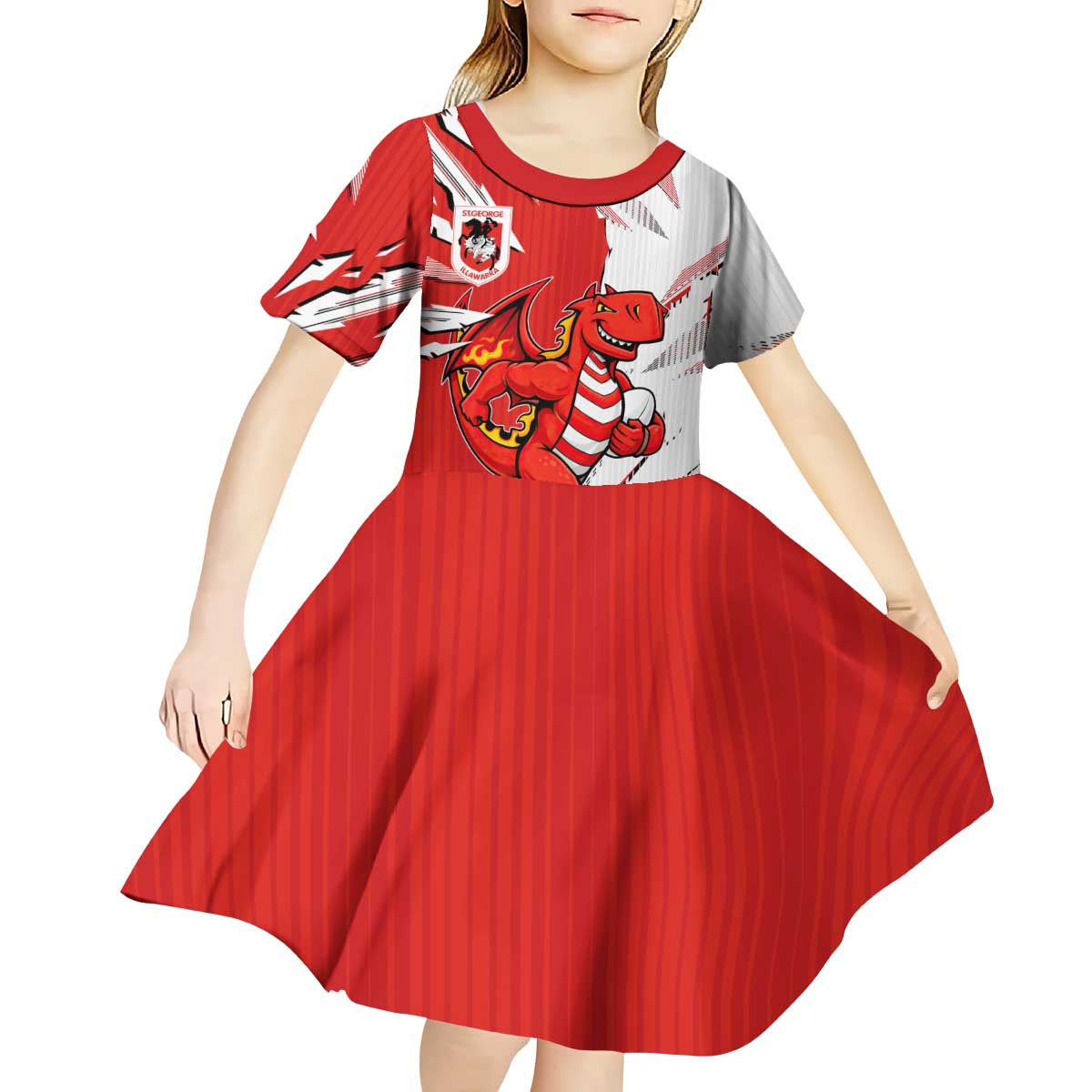 Personalized St. George Illawarra Dragons Kid Short Sleeve Dress Dynamic Lightning Mascot Rugby Australia