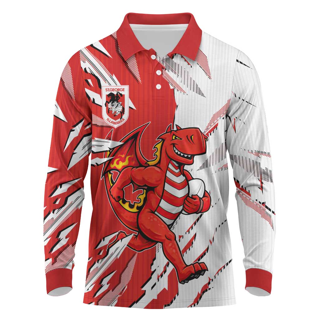 Personalized St. George Illawarra Dragons Long Sleeve Polo Shirt Dynamic Lightning Mascot Rugby Australia