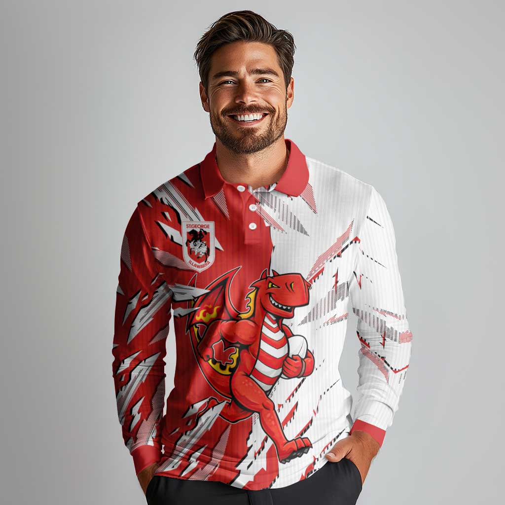 Personalized St. George Illawarra Dragons Long Sleeve Polo Shirt Dynamic Lightning Mascot Rugby Australia
