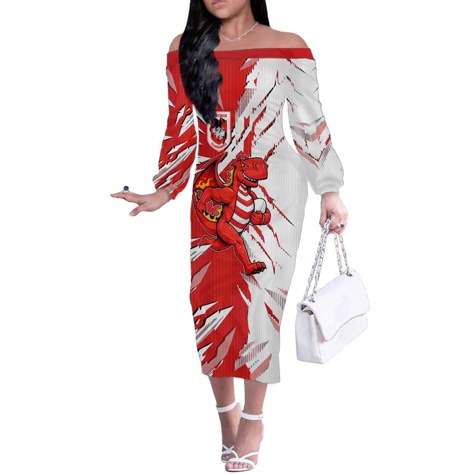 Personalized St. George Illawarra Dragons Off The Shoulder Long Sleeve Dress Dynamic Lightning Mascot Rugby Australia