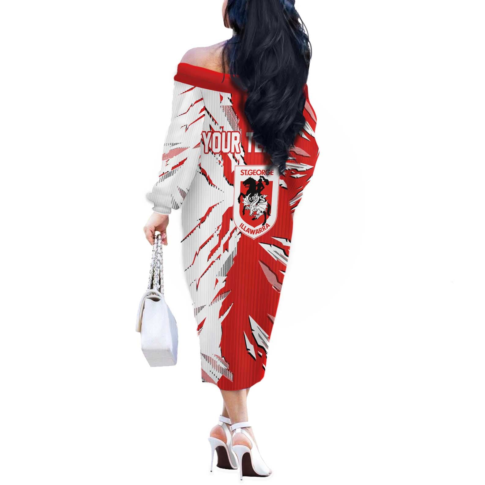 Personalized St. George Illawarra Dragons Off The Shoulder Long Sleeve Dress Dynamic Lightning Mascot Rugby Australia