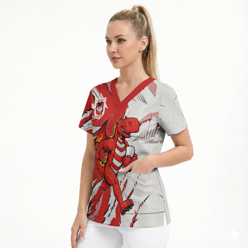 Personalized St. George Illawarra Dragons Scrub Top Dynamic Lightning Mascot Rugby Australia