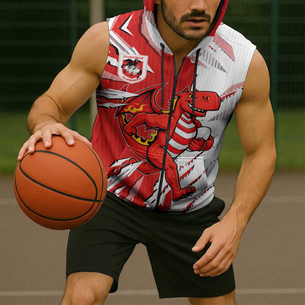 Personalized St. George Illawarra Dragons Sleeveless Zip Hoodie Dynamic Lightning Mascot Rugby Australia