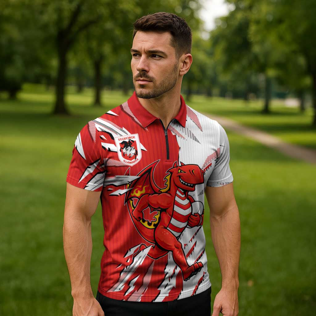 Personalized St. George Illawarra Dragons Zipper Polo Shirt Dynamic Lightning Mascot Rugby Australia