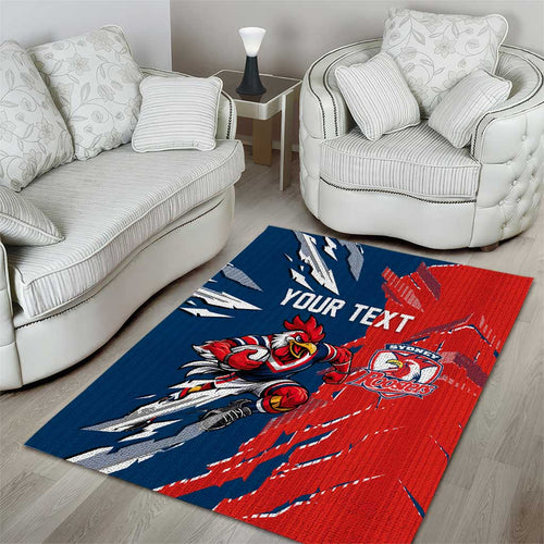 Personalized Sydney Roosters Area Rug Dynamic Lightning Mascot Rugby Australia
