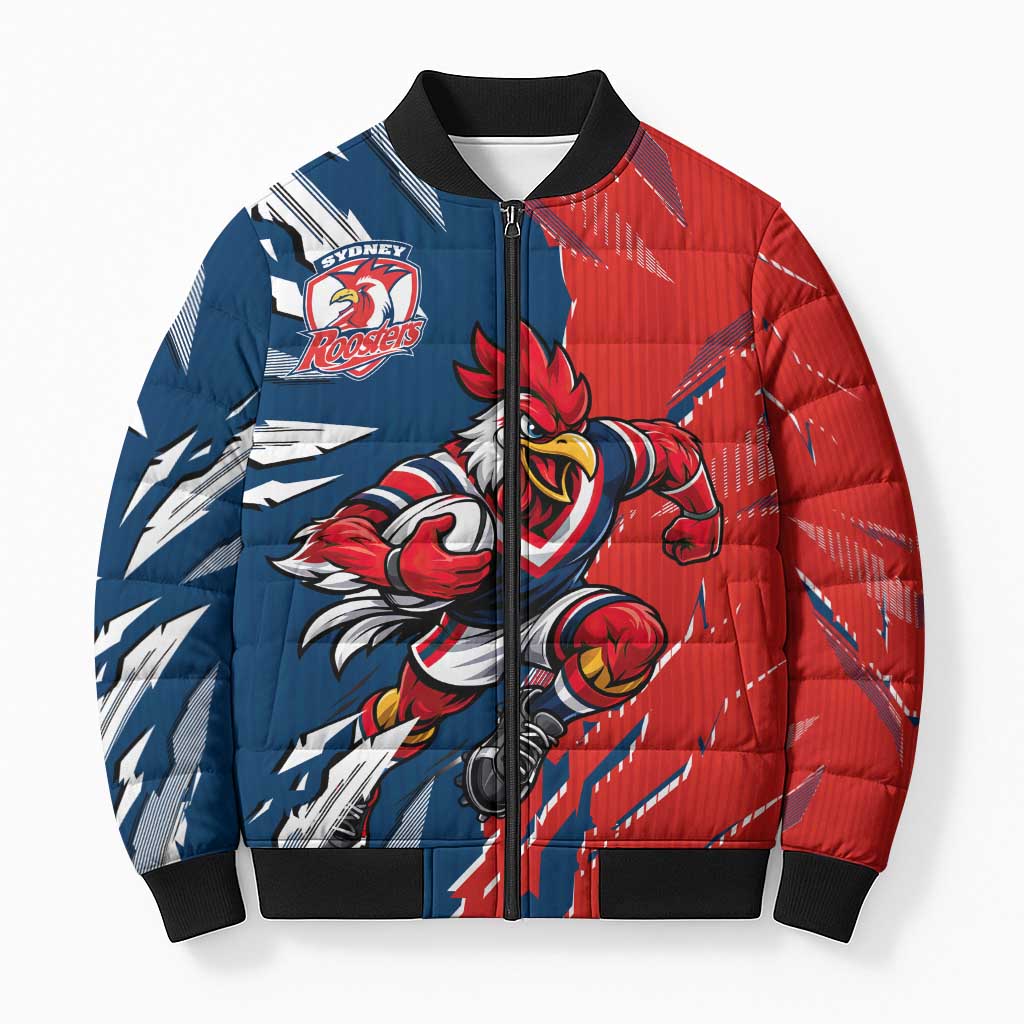 Personalized Sydney Roosters Bomber Puffer Jacket Dynamic Lightning Mascot Rugby Australia