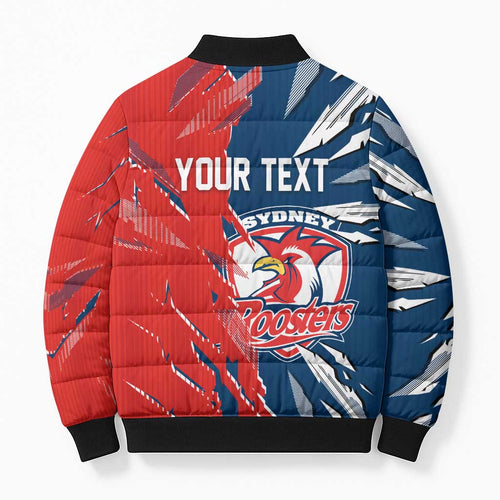 Personalized Sydney Roosters Bomber Puffer Jacket Dynamic Lightning Mascot Rugby Australia