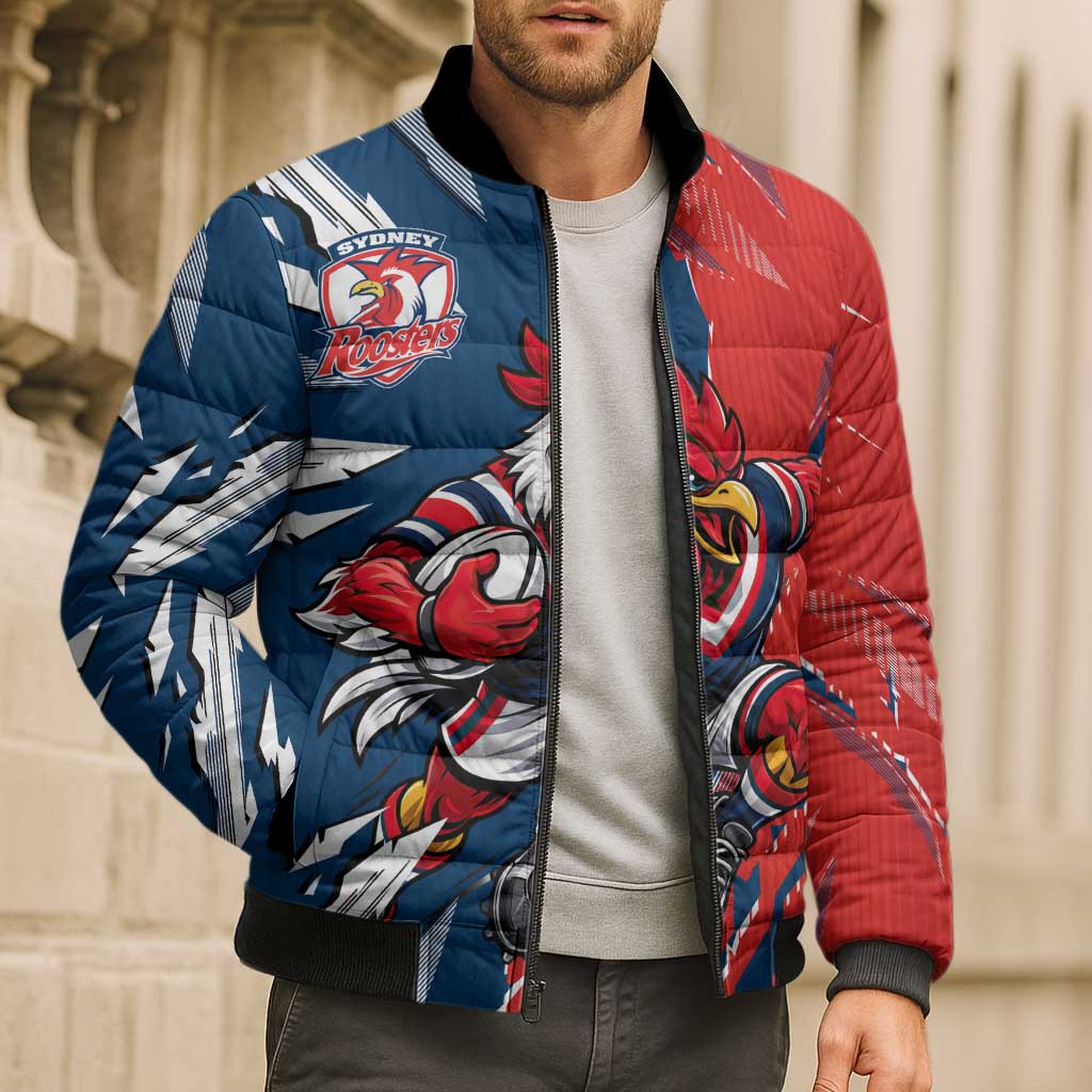 Personalized Sydney Roosters Bomber Puffer Jacket Dynamic Lightning Mascot Rugby Australia