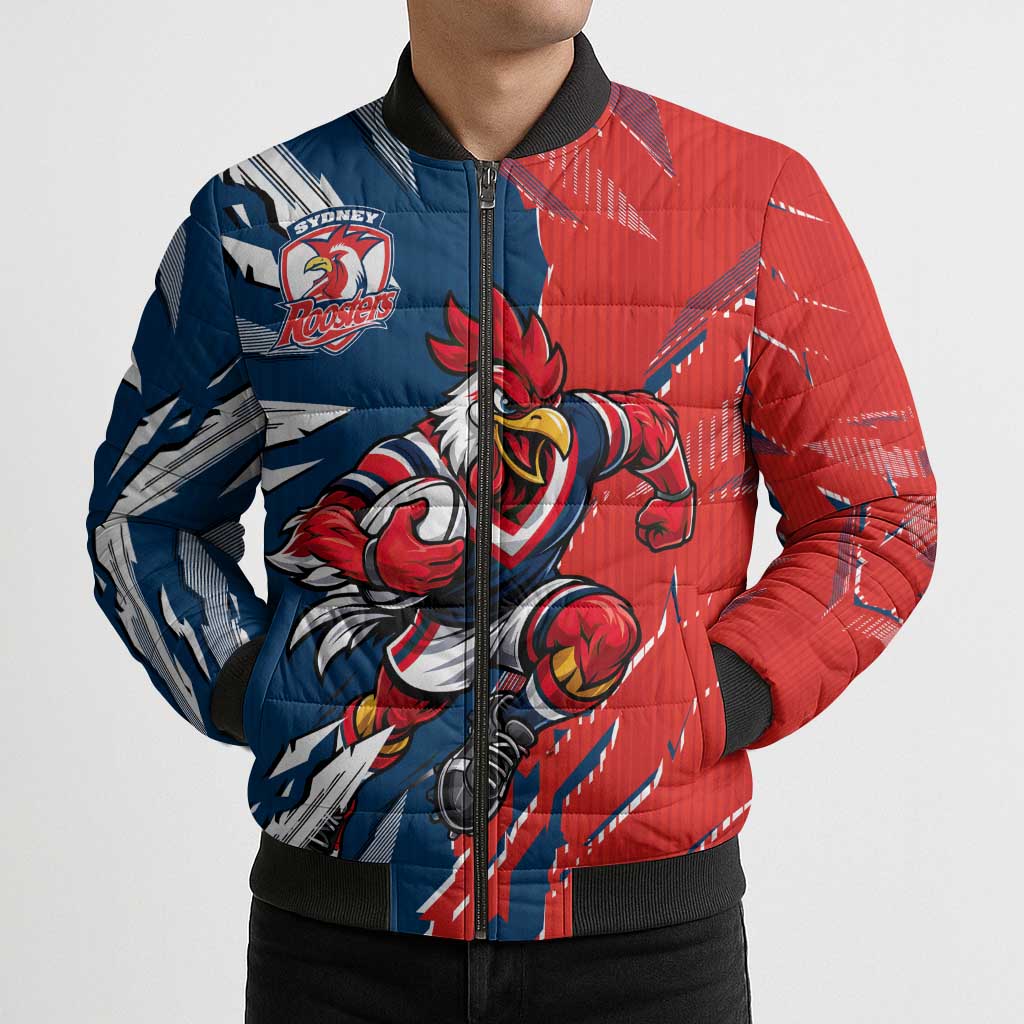 Personalized Sydney Roosters Bomber Puffer Jacket Dynamic Lightning Mascot Rugby Australia