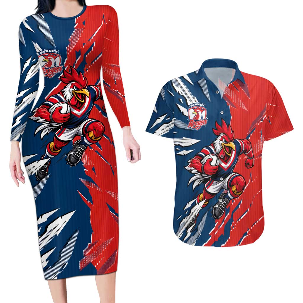 Personalized Sydney Roosters Couples Matching Long Sleeve Bodycon Dress and Hawaiian Shirt Dynamic Lightning Mascot Rugby Australia