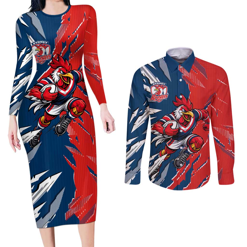 Personalized Sydney Roosters Couples Matching Long Sleeve Bodycon Dress and Long Sleeve Button Shirt Dynamic Lightning Mascot Rugby Australia