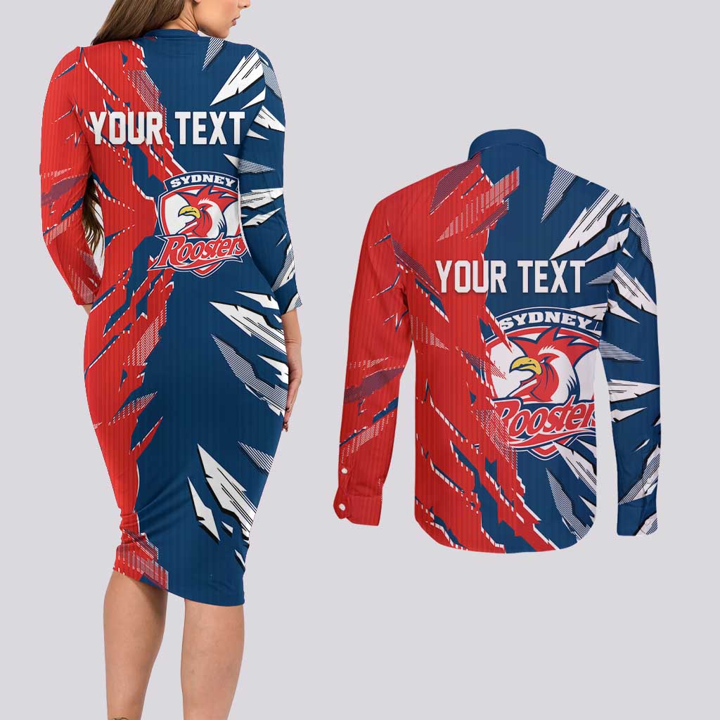 Personalized Sydney Roosters Couples Matching Long Sleeve Bodycon Dress and Long Sleeve Button Shirt Dynamic Lightning Mascot Rugby Australia