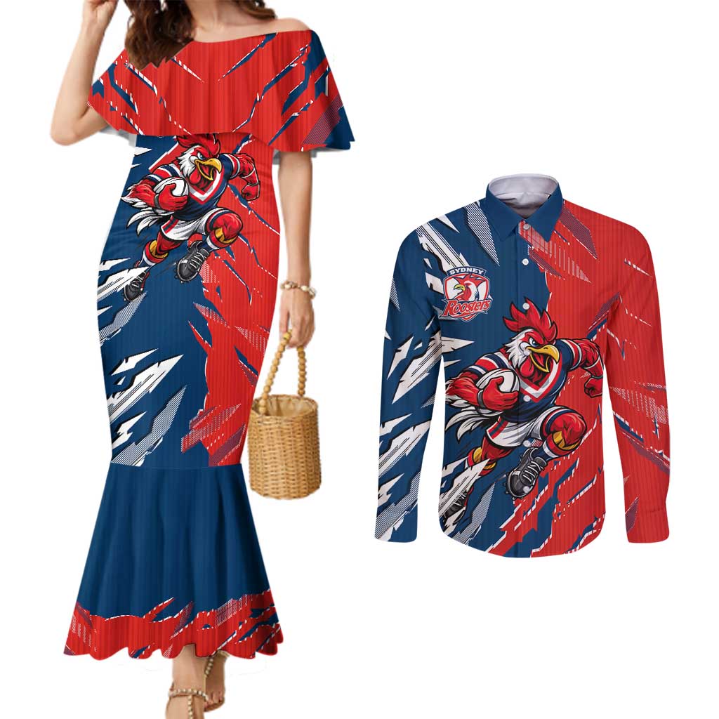 Personalized Sydney Roosters Couples Matching Mermaid Dress and Long Sleeve Button Shirt Dynamic Lightning Mascot Rugby Australia