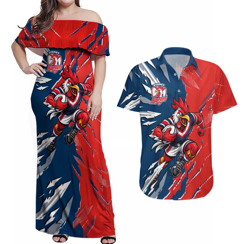 Personalized Sydney Roosters Couples Matching Off Shoulder Maxi Dress and Hawaiian Shirt Dynamic Lightning Mascot Rugby Australia