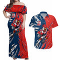 Personalized Sydney Roosters Couples Matching Off Shoulder Maxi Dress and Hawaiian Shirt Dynamic Lightning Mascot Rugby Australia