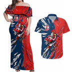 Personalized Sydney Roosters Couples Matching Off Shoulder Maxi Dress and Hawaiian Shirt Dynamic Lightning Mascot Rugby Australia