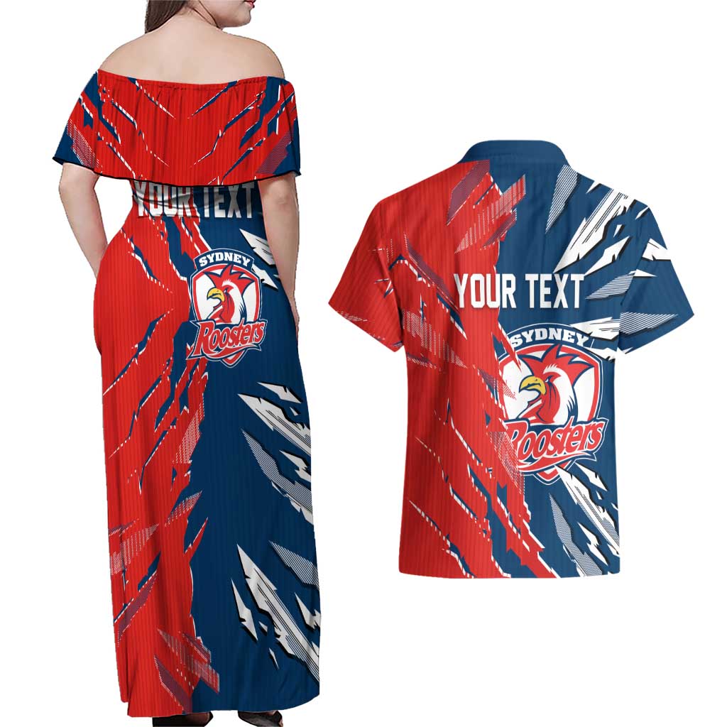 Personalized Sydney Roosters Couples Matching Off Shoulder Maxi Dress and Hawaiian Shirt Dynamic Lightning Mascot Rugby Australia