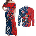 Personalized Sydney Roosters Couples Matching Off Shoulder Maxi Dress and Long Sleeve Button Shirt Dynamic Lightning Mascot Rugby Australia