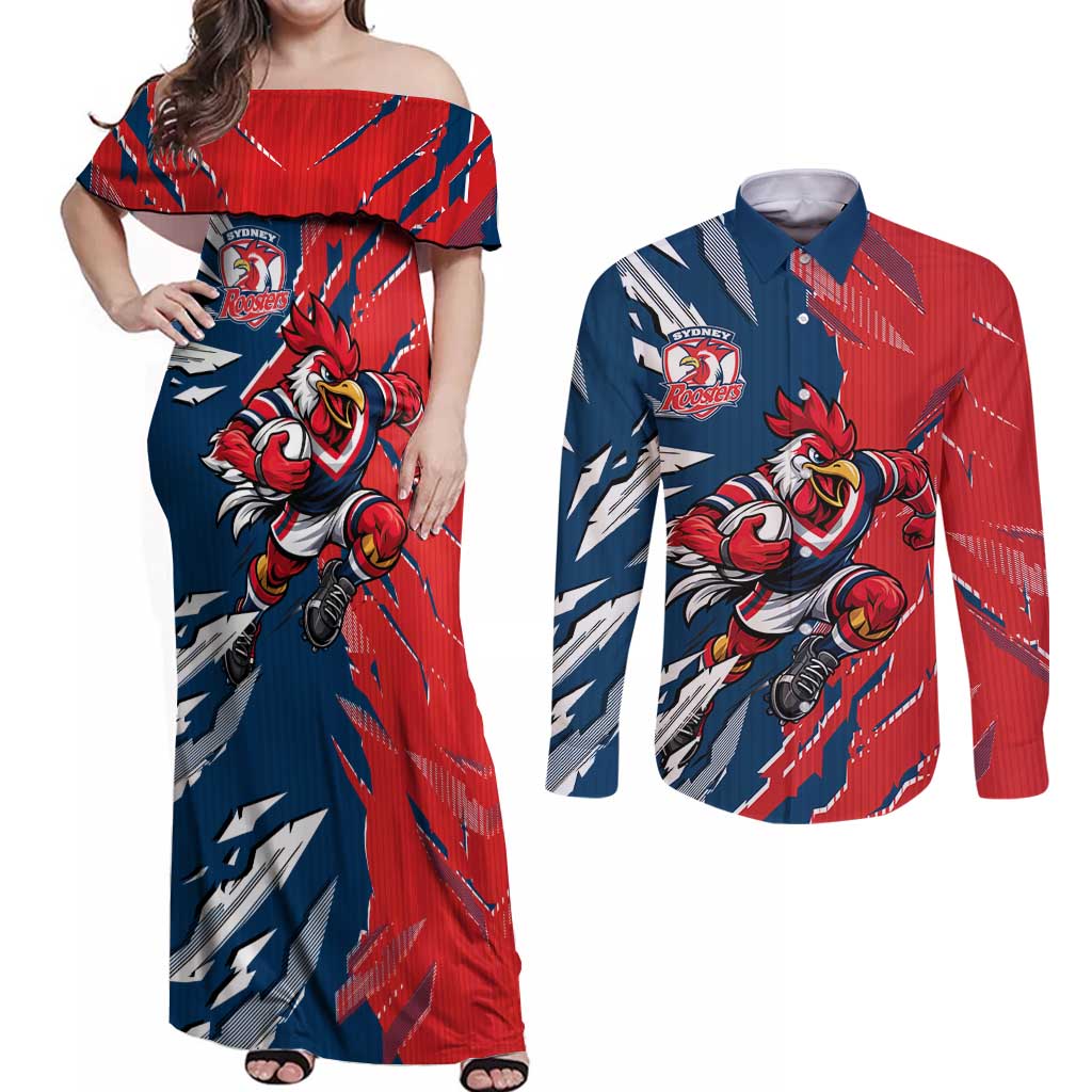 Personalized Sydney Roosters Couples Matching Off Shoulder Maxi Dress and Long Sleeve Button Shirt Dynamic Lightning Mascot Rugby Australia