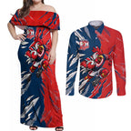 Personalized Sydney Roosters Couples Matching Off Shoulder Maxi Dress and Long Sleeve Button Shirt Dynamic Lightning Mascot Rugby Australia