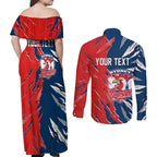 Personalized Sydney Roosters Couples Matching Off Shoulder Maxi Dress and Long Sleeve Button Shirt Dynamic Lightning Mascot Rugby Australia