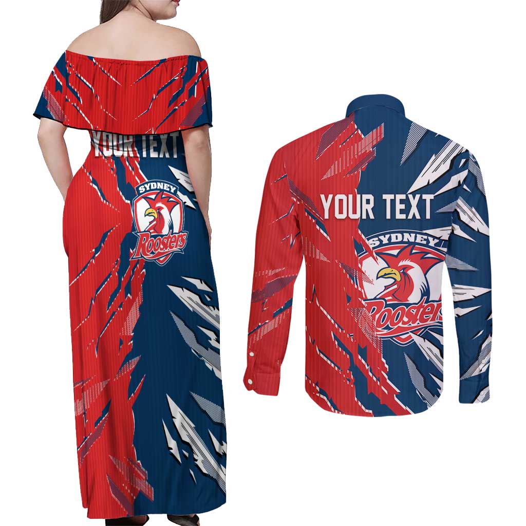 Personalized Sydney Roosters Couples Matching Off Shoulder Maxi Dress and Long Sleeve Button Shirt Dynamic Lightning Mascot Rugby Australia