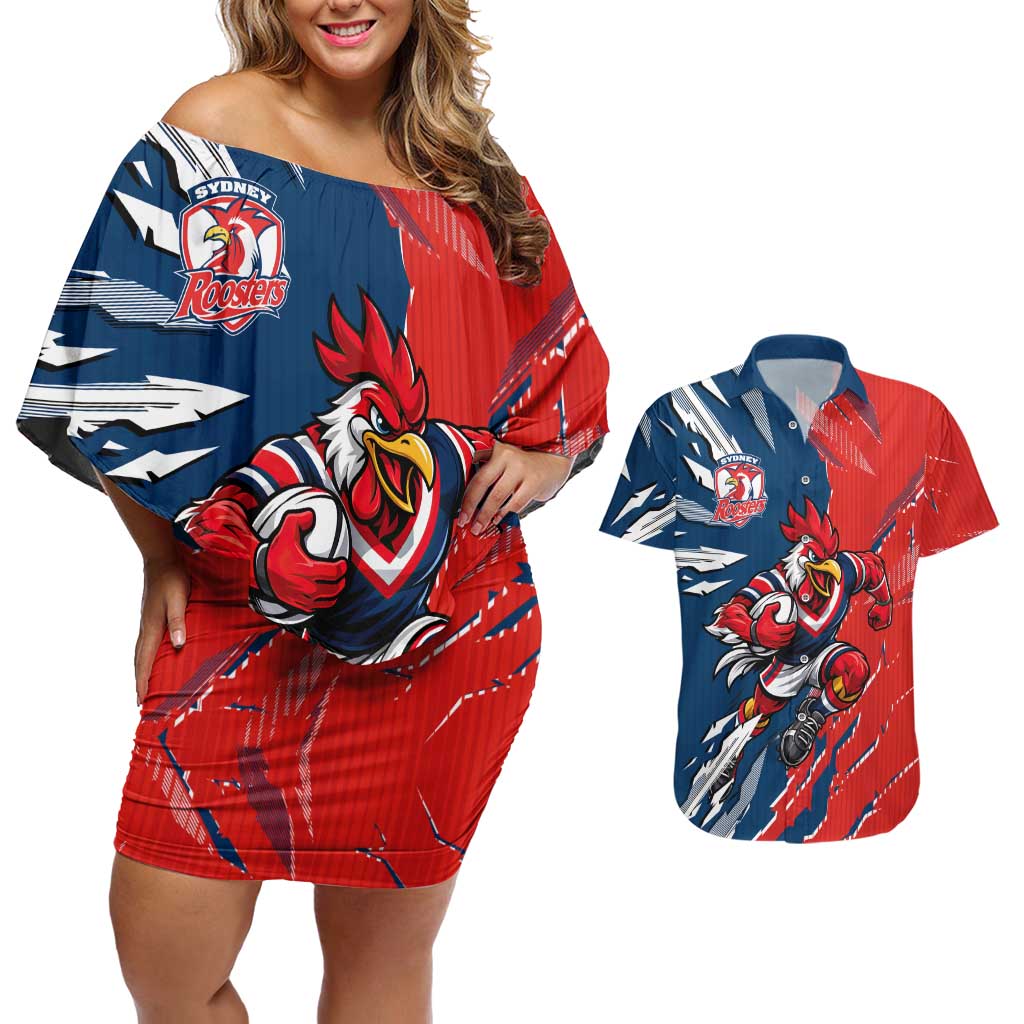 Personalized Sydney Roosters Couples Matching Off Shoulder Short Dress and Hawaiian Shirt Dynamic Lightning Mascot Rugby Australia