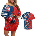 Personalized Sydney Roosters Couples Matching Off Shoulder Short Dress and Hawaiian Shirt Dynamic Lightning Mascot Rugby Australia