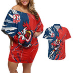 Personalized Sydney Roosters Couples Matching Off Shoulder Short Dress and Hawaiian Shirt Dynamic Lightning Mascot Rugby Australia