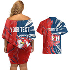 Personalized Sydney Roosters Couples Matching Off Shoulder Short Dress and Hawaiian Shirt Dynamic Lightning Mascot Rugby Australia