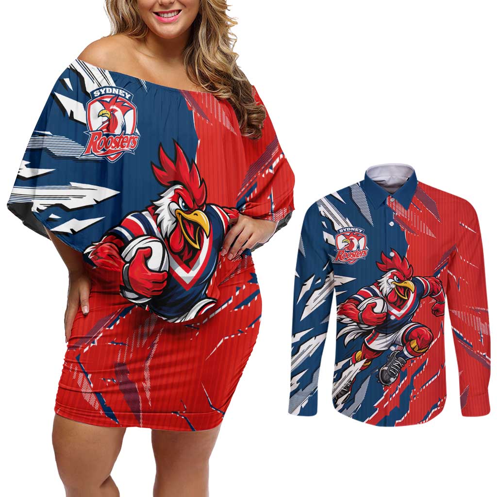 Personalized Sydney Roosters Couples Matching Off Shoulder Short Dress and Long Sleeve Button Shirt Dynamic Lightning Mascot Rugby Australia