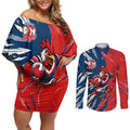 Personalized Sydney Roosters Couples Matching Off Shoulder Short Dress and Long Sleeve Button Shirt Dynamic Lightning Mascot Rugby Australia