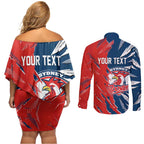Personalized Sydney Roosters Couples Matching Off Shoulder Short Dress and Long Sleeve Button Shirt Dynamic Lightning Mascot Rugby Australia
