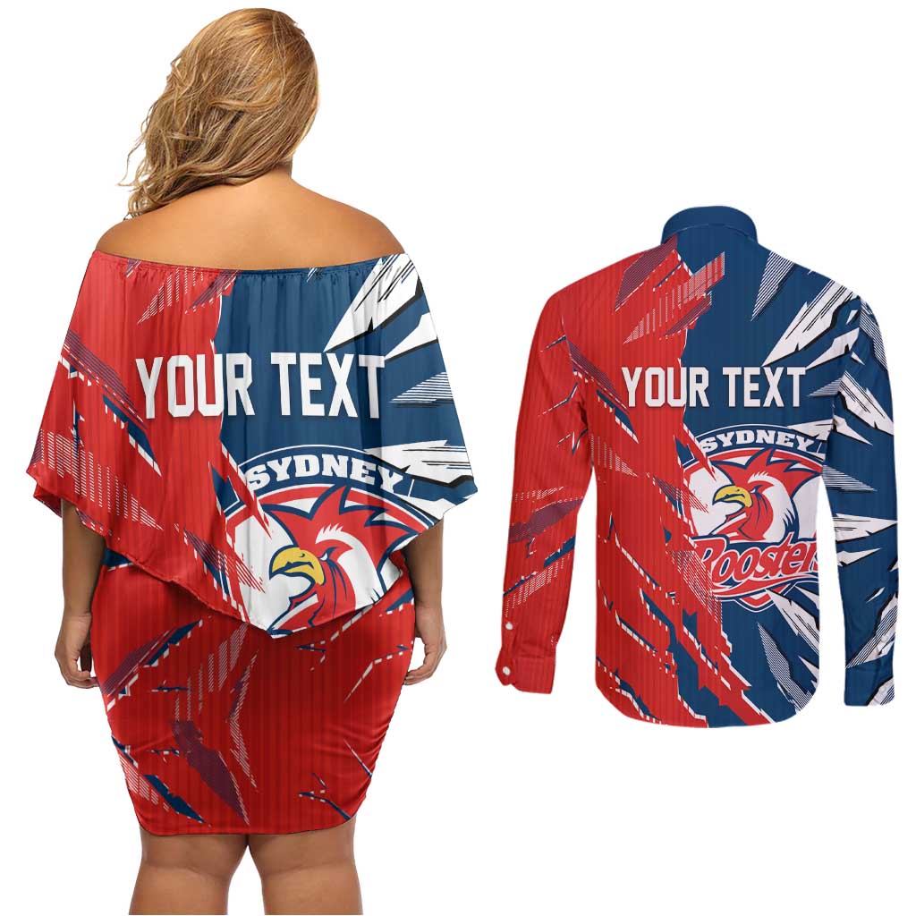 Personalized Sydney Roosters Couples Matching Off Shoulder Short Dress and Long Sleeve Button Shirt Dynamic Lightning Mascot Rugby Australia