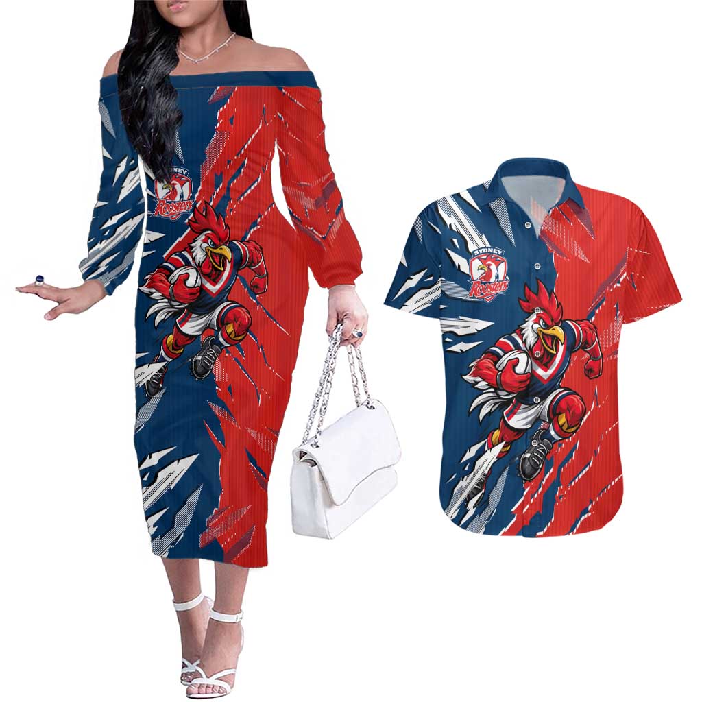 Personalized Sydney Roosters Couples Matching Off The Shoulder Long Sleeve Dress and Hawaiian Shirt Dynamic Lightning Mascot Rugby Australia