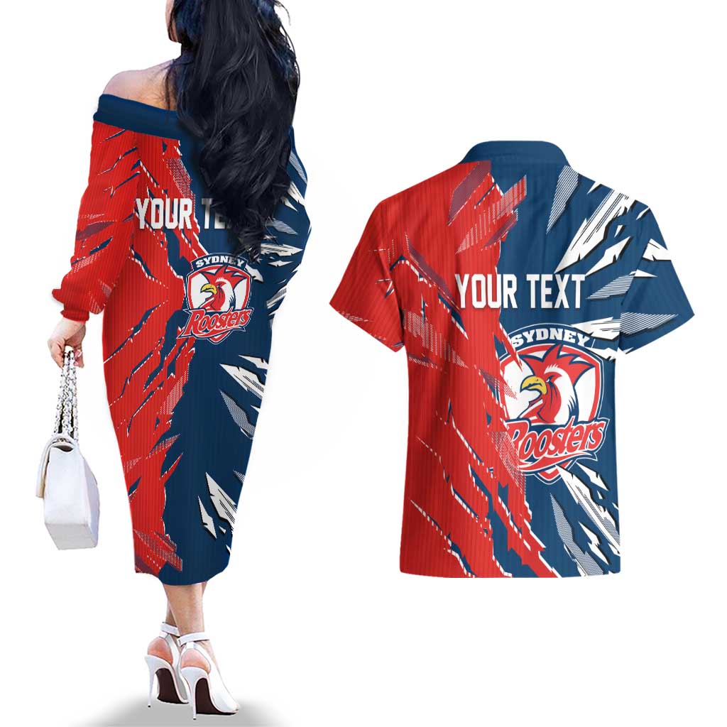 Personalized Sydney Roosters Couples Matching Off The Shoulder Long Sleeve Dress and Hawaiian Shirt Dynamic Lightning Mascot Rugby Australia
