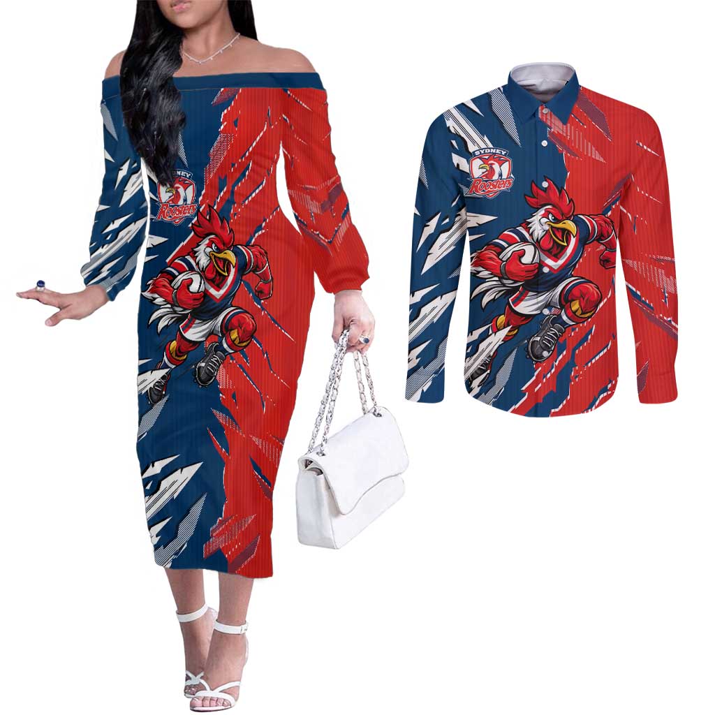 Personalized Sydney Roosters Couples Matching Off The Shoulder Long Sleeve Dress and Long Sleeve Button Shirt Dynamic Lightning Mascot Rugby Australia