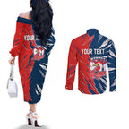 Personalized Sydney Roosters Couples Matching Off The Shoulder Long Sleeve Dress and Long Sleeve Button Shirt Dynamic Lightning Mascot Rugby Australia