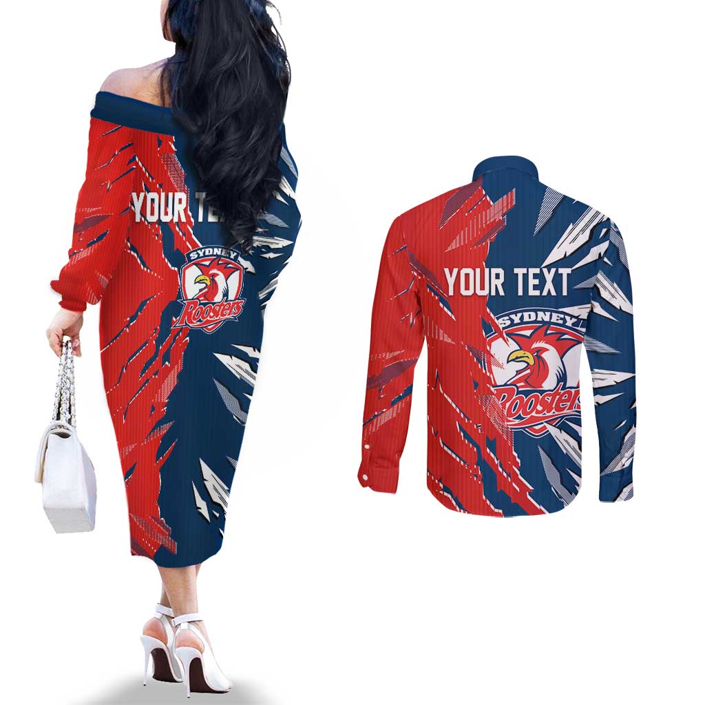 Personalized Sydney Roosters Couples Matching Off The Shoulder Long Sleeve Dress and Long Sleeve Button Shirt Dynamic Lightning Mascot Rugby Australia