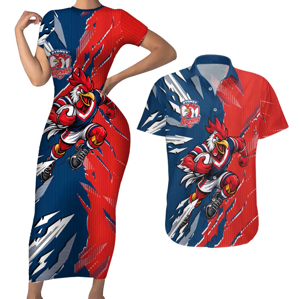 Personalized Sydney Roosters Couples Matching Short Sleeve Bodycon Dress and Hawaiian Shirt Dynamic Lightning Mascot Rugby Australia