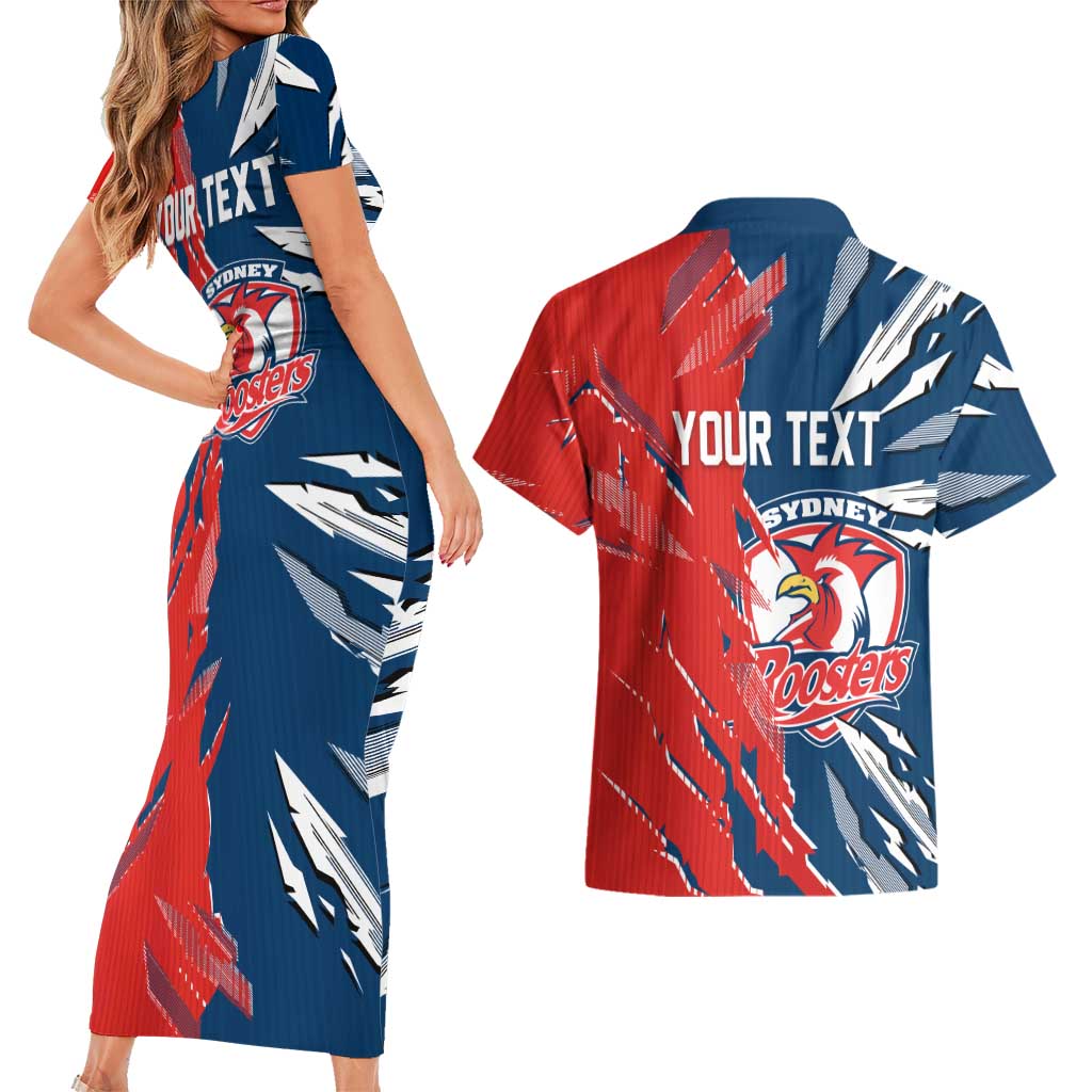 Personalized Sydney Roosters Couples Matching Short Sleeve Bodycon Dress and Hawaiian Shirt Dynamic Lightning Mascot Rugby Australia