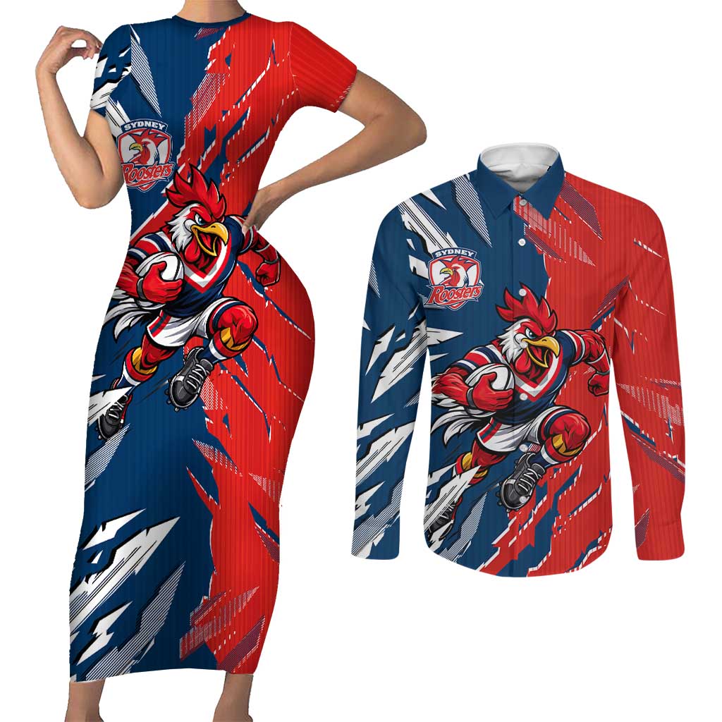 Personalized Sydney Roosters Couples Matching Short Sleeve Bodycon Dress and Long Sleeve Button Shirt Dynamic Lightning Mascot Rugby Australia