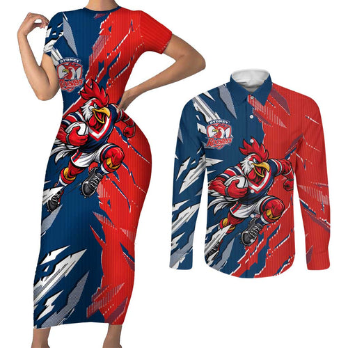Personalized Sydney Roosters Couples Matching Short Sleeve Bodycon Dress and Long Sleeve Button Shirt Dynamic Lightning Mascot Rugby Australia