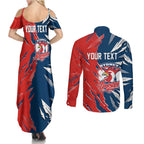 Personalized Sydney Roosters Couples Matching Summer Maxi Dress and Long Sleeve Button Shirt Dynamic Lightning Mascot Rugby Australia
