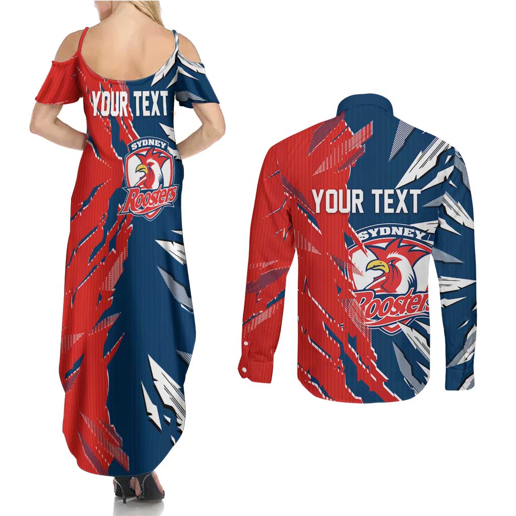 Personalized Sydney Roosters Couples Matching Summer Maxi Dress and Long Sleeve Button Shirt Dynamic Lightning Mascot Rugby Australia