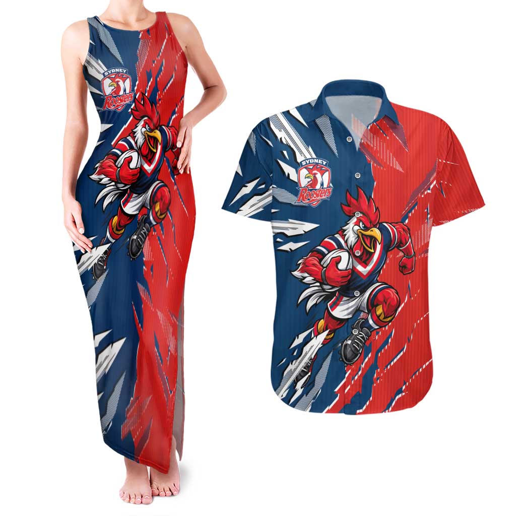 Personalized Sydney Roosters Couples Matching Tank Maxi Dress and Hawaiian Shirt Dynamic Lightning Mascot Rugby Australia