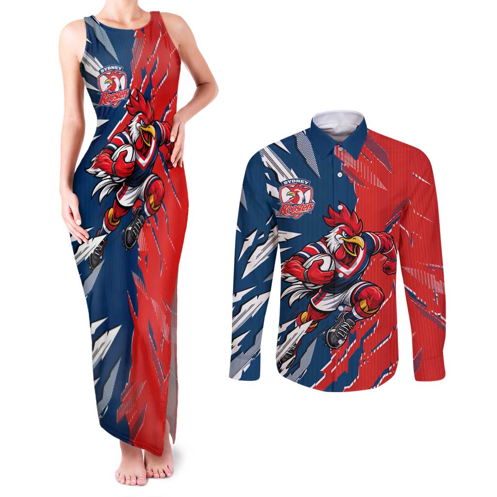 Personalized Sydney Roosters Couples Matching Tank Maxi Dress and Long Sleeve Button Shirt Dynamic Lightning Mascot Rugby Australia