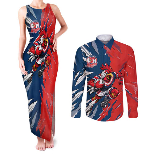 Personalized Sydney Roosters Couples Matching Tank Maxi Dress and Long Sleeve Button Shirt Dynamic Lightning Mascot Rugby Australia