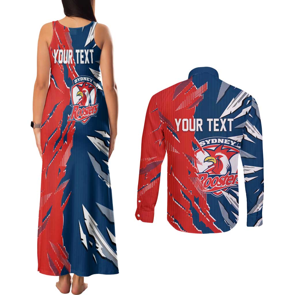 Personalized Sydney Roosters Couples Matching Tank Maxi Dress and Long Sleeve Button Shirt Dynamic Lightning Mascot Rugby Australia
