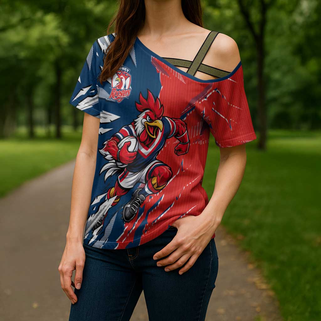 Personalized Sydney Roosters Cross Shoulder Shirt Dynamic Lightning Mascot Rugby Australia